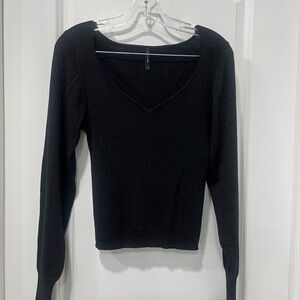Black Ribbed V-Neck Long Sleeve Sweater